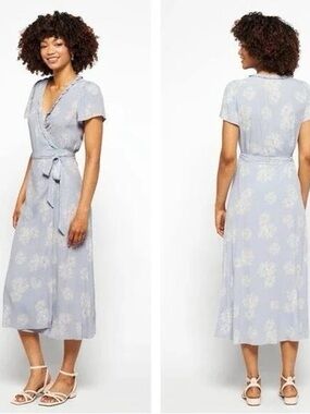 Madewell Deseret Wrap Midi Dress Light Blue Floral Tie Waist Size M